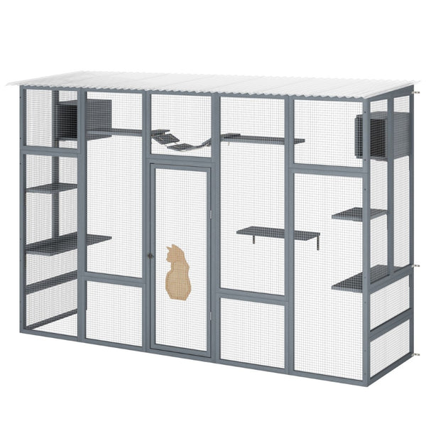 English Elm Wooden Pine Cat Enclosure with Six Platforms Two Condos Bridge and Scratching Post W2181P198549