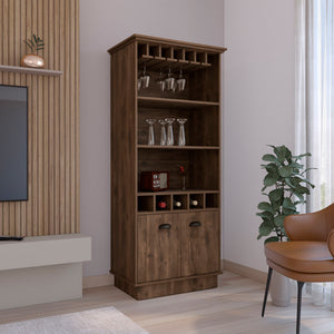 English Elm Bar Cabinet 70"H with Wine Rack, Glass Upper Display, 3 Open Shelves & Lower Storage, Dark Brown B097S00119