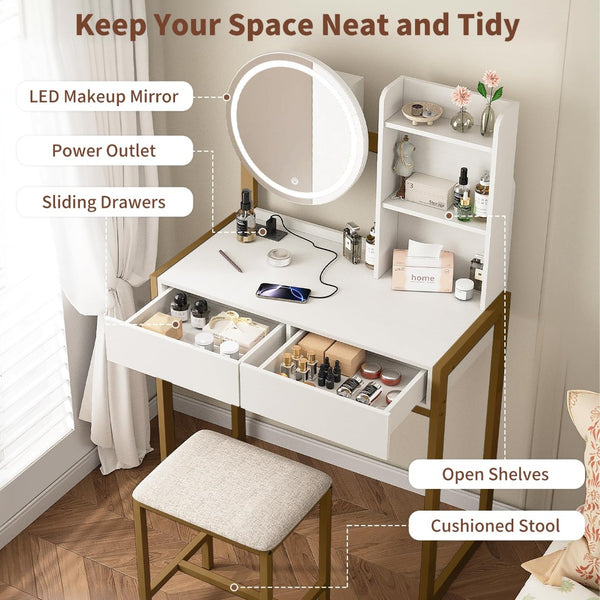 English Elm Small Bedroom Vanity Desk with Led Mirror Cushioned Stool Power Outlet and Storage White+Gold W3587P462322
