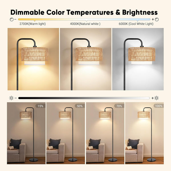 English Elm 68''Floor Boho Farmhouse Lamp with Remote & Pedal, 3Temp Dimmable LED, Rattan + Linen Shades, Black W3355P391496