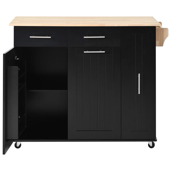 English Elm K&K Kitchen Island with Drop Leaf, Rolling Storage Cart with 3-Tier Pull-Out Organizer, Durable Wood Countertop Black WF531421AAB