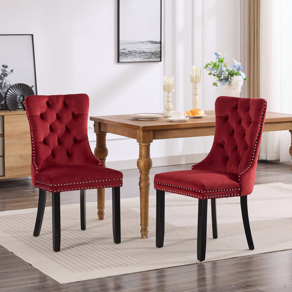 English Elm Classic Velvet Tufted Dining Chairs Set of 2 Burgundy – Solid Wood Frame, High-Rebound Sponge, Nailhead Trim, 300lb W114391510