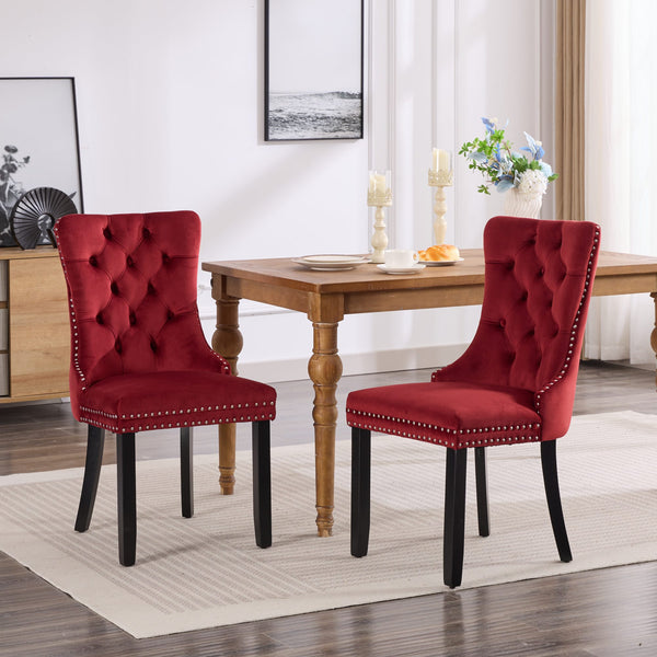 English Elm Classic Velvet Tufted Dining Chairs Set of 2 Burgundy – Solid Wood Frame, High-Rebound Sponge, Nailhead Trim, 300lb W114391510