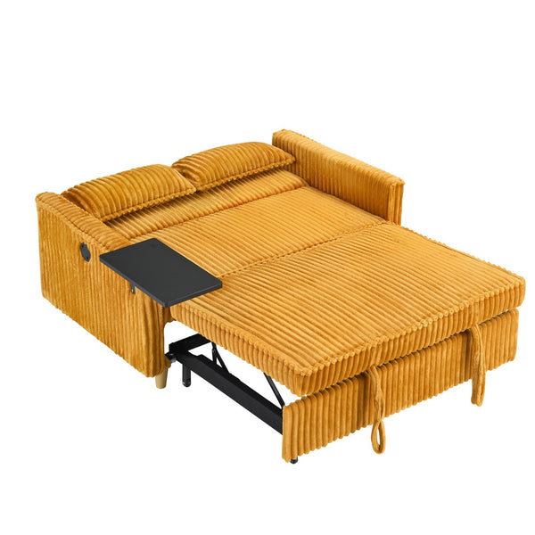 English Elm The pull-out and push-in corduroy sofa with convertible bed, movable tabletop and built-in USB ports Yellow W3371P316059