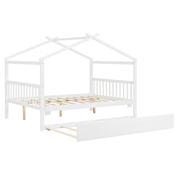 English Elm Full Size House Bed Solid Pinewood Frame with Pull Out Twin Trundle for Kids White LP000305AAK-1