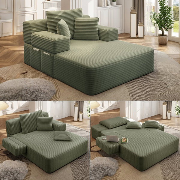 English Elm Luxurious Corduroy Frameless Chaise with Sleeper Conversion Foam Cushioning and Storage Pocket Green W3219P459765