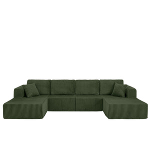 English Elm U-shaped Modular Corduroy Sectional Sofa Sleeper Spacious Living Room Lounge Couch Green W487S00423