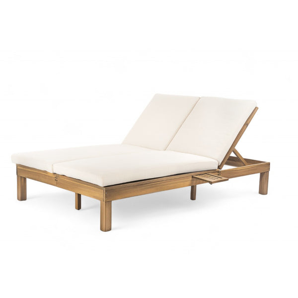English Elm Trexm Acacia Wood Double Chaise Lounge Outdoor with Folding Trays and Foam Cushions TM000015AAD