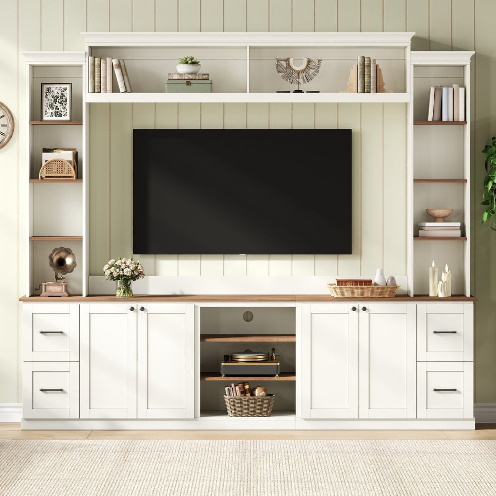 English Elm Unique Low Profile Media Console with Led Lighting Glass Shelves Fits Tvs to 105 White N721S000077K