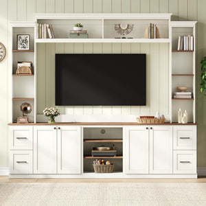 English Elm Unique Low Profile Media Console with Led Lighting Glass Shelves Fits Tvs to 105 White N721S000077K