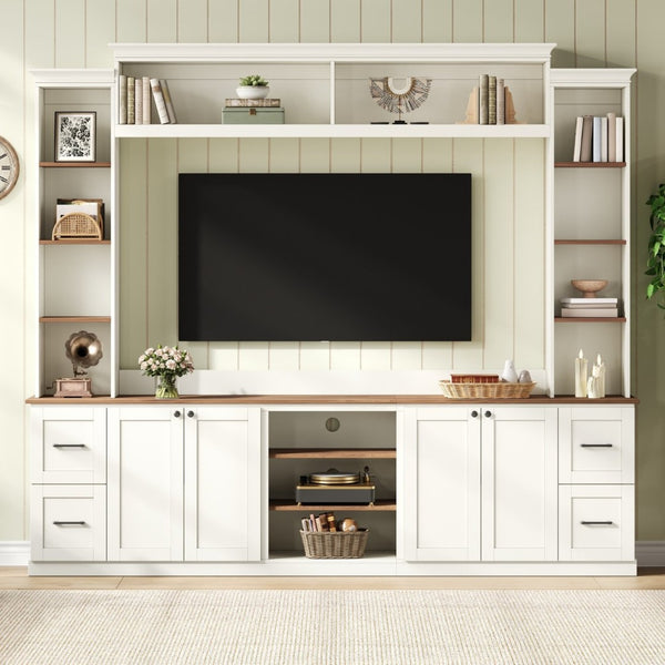English Elm Unique Low Profile Media Console with Led Lighting Glass Shelves Fits Tvs to 105 White N721S000077K