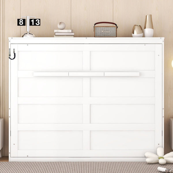 English Elm Full Size Murphy Wall Bed with Cabinet Dual Piston Folding Mechanism for Studio Spaces White LP000664AAK-2