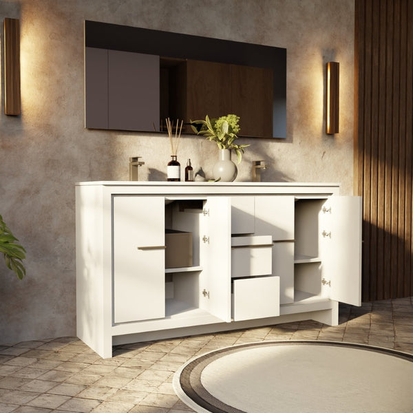 English Elm White Double Bath Vanity With Quartz Top & Large Mirror - Stylish Storage Solution For Modern Spaces B2731S01497-GIGA