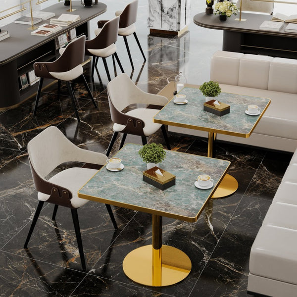 English Elm Square Bistro Dining Table Faux Marble Top Tulip Pedestal Base Gold Metal Frame W3316P421499