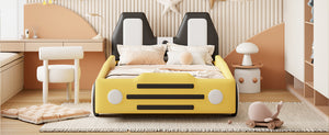 English Elm Twin Race Car Platform Bed with Wheels for Kids — Sturdy PU Leather Frame, Safety Rails, 250lb Capacity Yellow SF000128AAY
