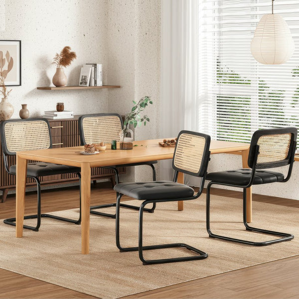 English Elm Kitchen Mid-Century Dining Chairs Set of 2 with Rattan Backrest, Cantilever Aluminum Legs, 300lb Capacity Black PU T3623P408455