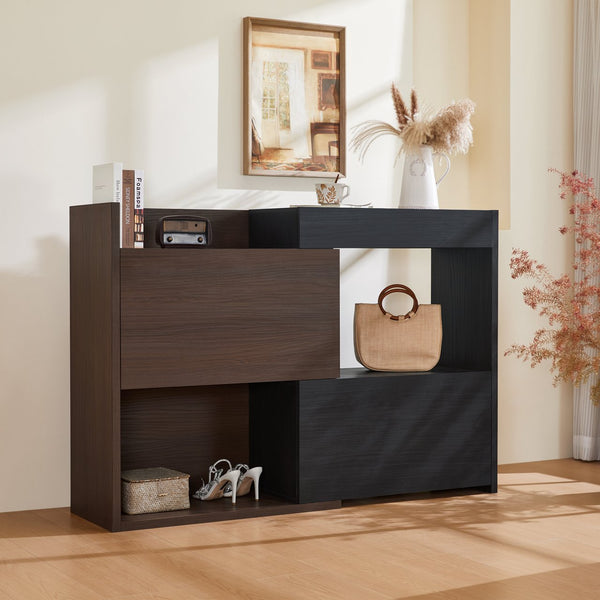 English Elm 32.5''-58.8''W Expandable Rotating Storage Cabinet with Drawer & Flip Doors, Modern Black Walnut Elegance N845P261744D