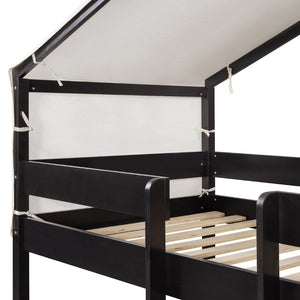 English Elm Twin Over Kids Bunk Bed with Tent Canopy Farmhouse Pinewood Playroom Frame Espresso N708P248523P