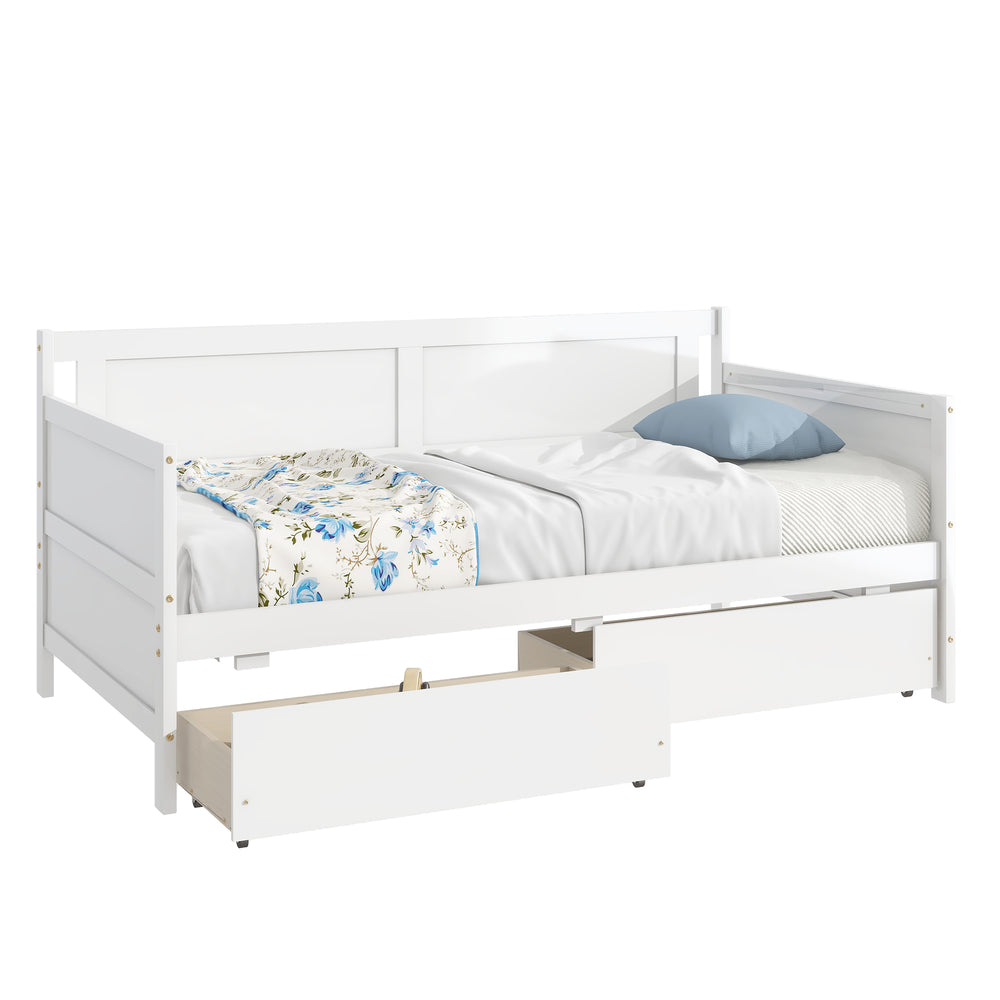 English Elm Twin Pine Wood Daybed with Two Hidden Storage Drawers, Space-Saving Twin Sofa Bed with Clean Silhouette White W504P149045