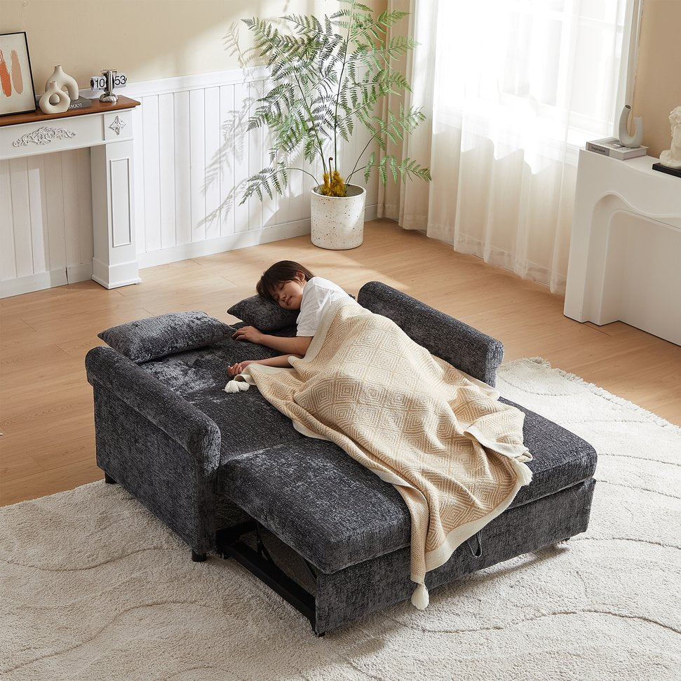 English Elm 58.27 Plush Velvet 3-in-1 Loveseat Sofa Bed with USB Port, Storage Bag, Pillows, Compact Convertible Comfort Dark Gray W1183S00019