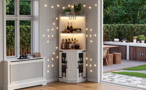 English Elm 67.3" Farmhouse Corner Bar Cabinet Led Lit Wine Storage with Built-in Power Outlets N735P361423K