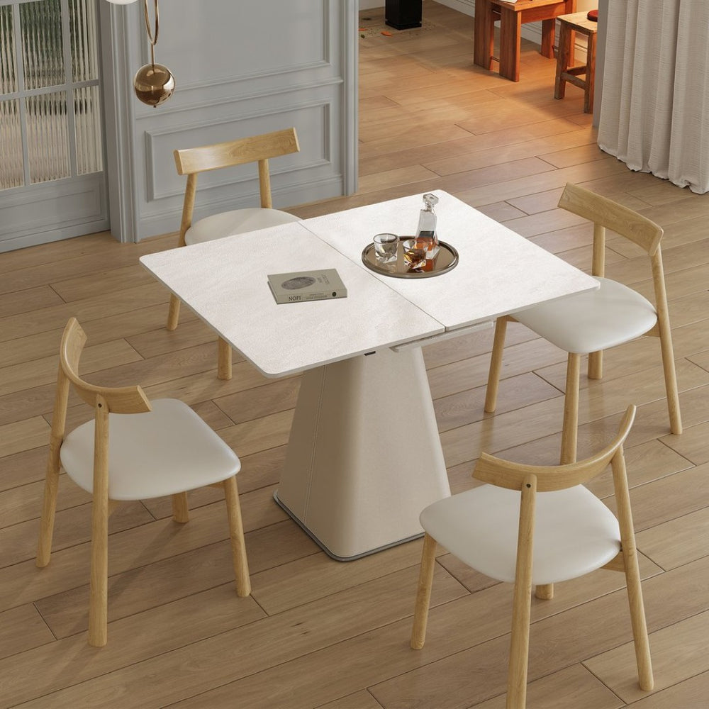 English Elm Retractable Rock Slab Dining Set with Leather Wrapped Base for Compact Apartments W2700S00101