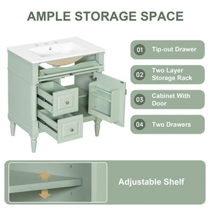 English Elm 30" Freestanding Bathroom Vanity Rubberwood Frame Ceramic Sink Flip Drawer Storage Green N725P356062F