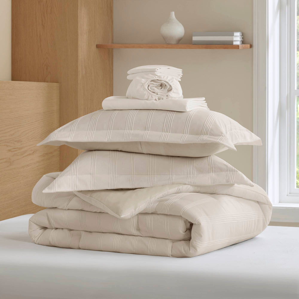 JLA Home Super Listing - Woven Logan Set: Minimalist Striped Comforter Collection with Brushed Microfiber Reverse, Oeko-Tex Safety and Easy Care Neutral AM10-0565