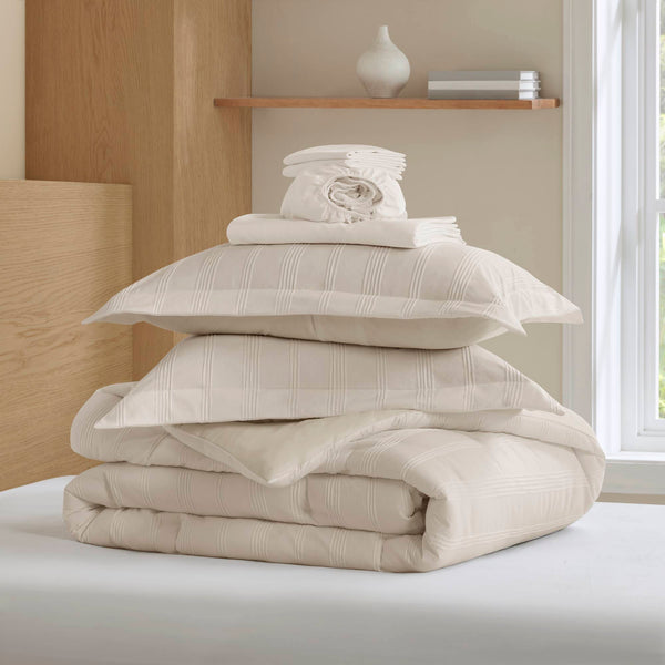 JLA Home Super Listing - Woven Logan Set: Minimalist Striped Comforter Collection with Brushed Microfiber Reverse, Oeko-Tex Safety and Easy Care Neutral AM10-0565