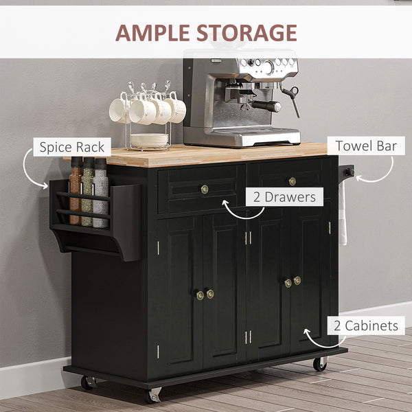 English Elm HOMCOM Mobile Kitchen Island Cart with Rubberwood Butcher Top, Locking Casters, Drawers & Shelves for Organized Prep and Storage Black W2225P173892
