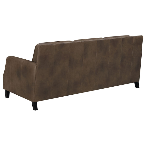 English Elm Gunderson Brown Sugar Top Grain Leather Sofa with Hammered Brass Nailheads, Track Arms, 83" Wide B062P357809