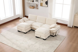 English Elm Sectional Cloud Sofa Modular Deep Seat Corduroy Upholstered Living Room Couch with Storage Beige W395S00129