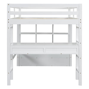 English Elm Full Loft Bed with Built-in Desk, 4 Drawers, 6 Shelves, Pine/MDF White — Space-Saving Study Loft SM000320AAK