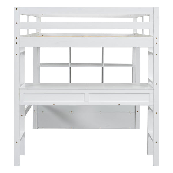 English Elm Full Loft Bed with Built-in Desk, 4 Drawers, 6 Shelves, Pine/MDF White — Space-Saving Study Loft SM000320AAK