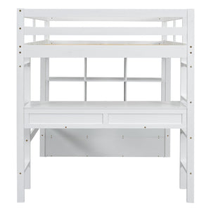 English Elm Full Size Loft Bed Pine Wood Frame with Desk Four Drawers and Shelves in White SM000320AAK-1