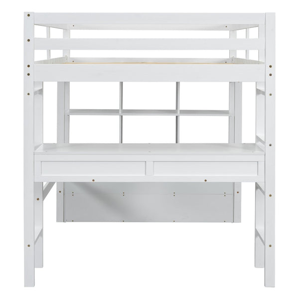 English Elm Full Size Loft Bed Pine Wood Frame with Desk Four Drawers and Shelves in White SM000320AAK-1