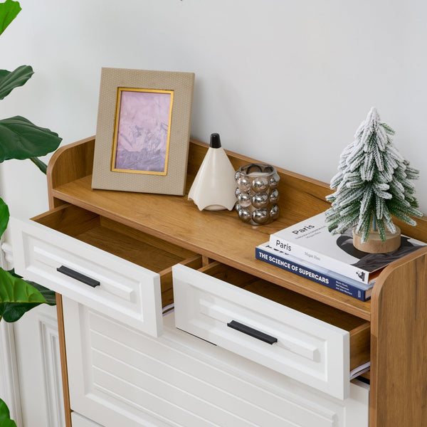 English Elm Two drawer three-fold shoe cabinet with ample vertical shelving, smooth finish, compact entryway storage White+Walnut W3871P368979