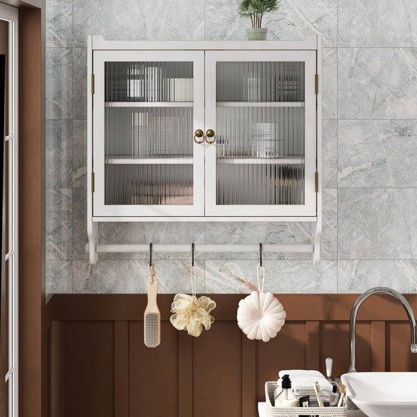 English Elm 24.8"Glass Rustic White Washed Double Door Wall Cabinet with 3 Shelves, Towel Rack, Solid Wood Storage W757P218128