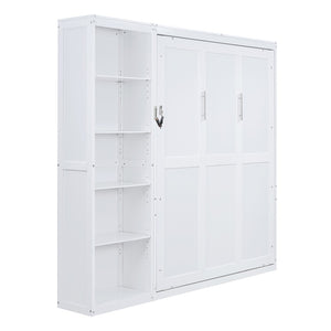 English Elm Queen Murphy Wall Bed with Side Shelving Folds Flush Into Mdf Cabinet for Studio Rooms White LP000697AAK-2