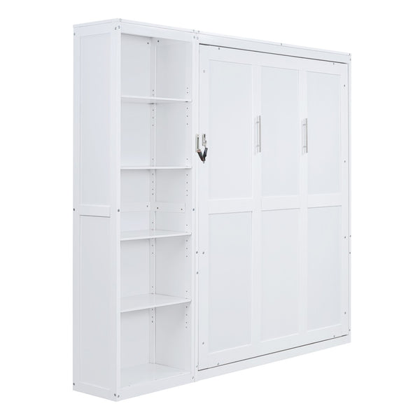 English Elm Queen Murphy Wall Bed with Side Shelving Folds Flush Into Mdf Cabinet for Studio Rooms White LP000697AAK-2