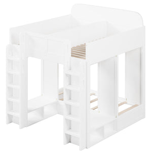 English Elm Triple Bunk Bed Wood Frame with Built in Shelves Hooks for Shared Kids Rooms White N7090004027K