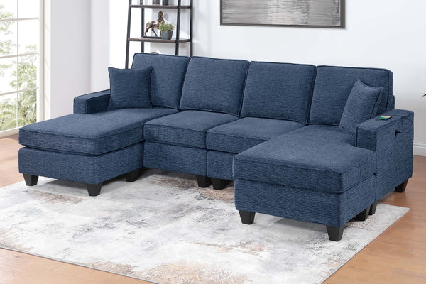 English Elm 3pc Chenille Sectional Sofa Set with Usb Charging Navy Modular Living Room Seating B011S02193