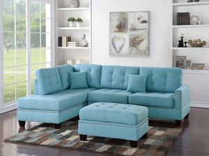 English Elm 3 Piece Reversible Sectional Sofa Set with Ottoman, Tufted Linen-Look Cushions and Nailhead Trim, Versatile Comfort for Living Rooms Aqua 25 L x 40 W x 9 H B089S00175