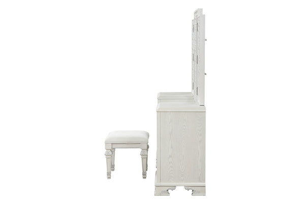 English Elm Traditional Creamy White Vanity Set with Stool, Tri-Fold Mirror, USB Port, Silver Accents, 72"W elegante B2741S00675