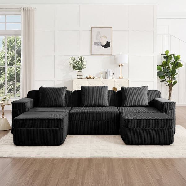 English Elm Modular 3-Seat U-Shaped Sectional Sofa - Cloud-Like Comfort With Movable Ottomans & Pillows W3041S00326