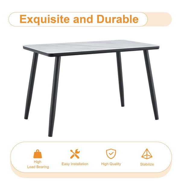 English Elm Table and Chair Set with Marble Glass Top Conical Legs and Four Pu Dining Seats W1151S04661