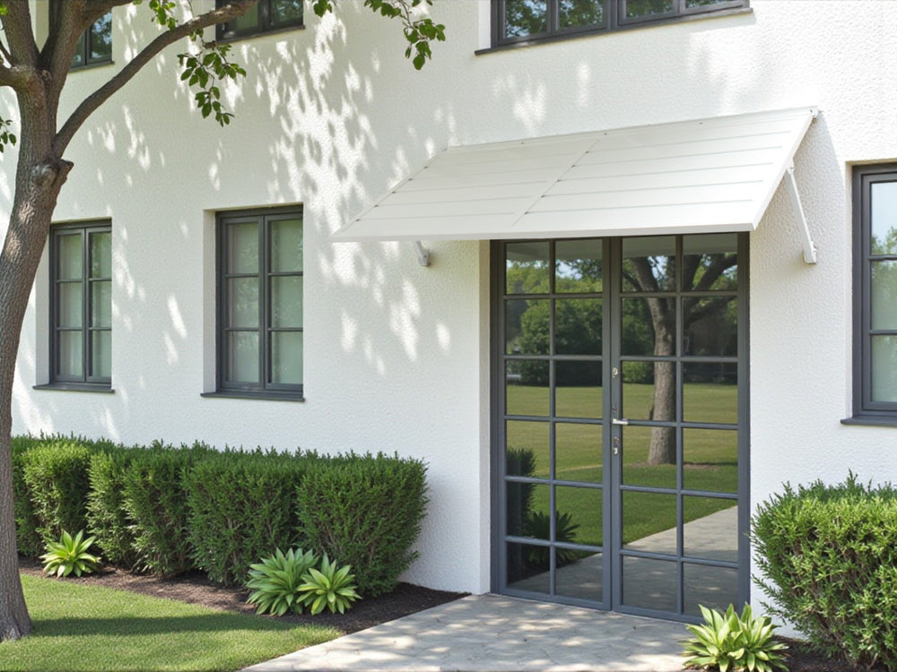 English Elm Haze Aluminum Outdoor Awning White Powder Coat Architectural Entry Door Weather Shield B2755P465796