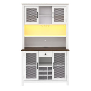 English Elm 70.9" Farmhouse Hutch Pantry with Led Lighting Wine Rack Mesh Doors and Built-in Power White CH361426AAK