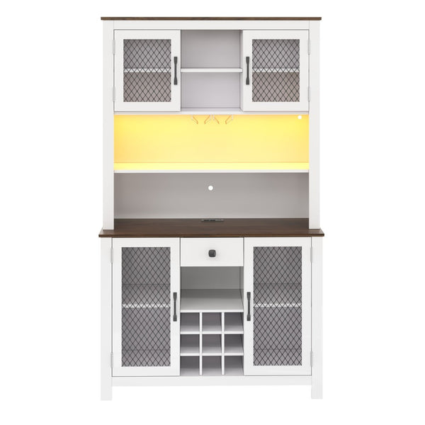 English Elm 70.9" Farmhouse Hutch Pantry with Led Lighting Wine Rack Mesh Doors and Built-in Power White CH361426AAK