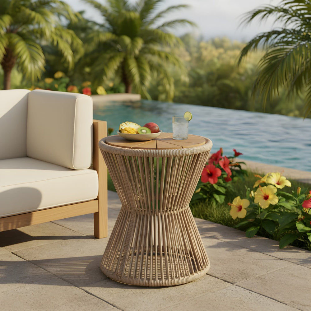 English Elm Outdoor Acacia Wood Top Side Table Woven Rope Iron Frame Hourglass Patio Accent Beige,Light Teak N770P354690L
